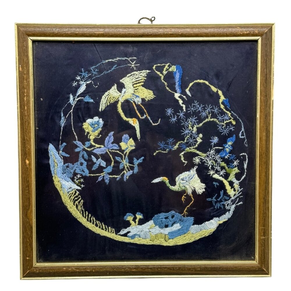 Antique Chinese Embroidered Silk Framed Art Birds & Floral Design 13.5 SQ READ